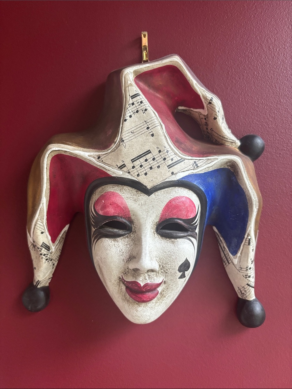 Set of 3 Venetian Jester Wall Masks with Musical Hat - Red, Blue, Cream, Black